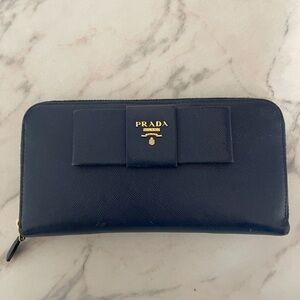 Prada Blue Saffiano Ribbon Leather Long Zip Wallet